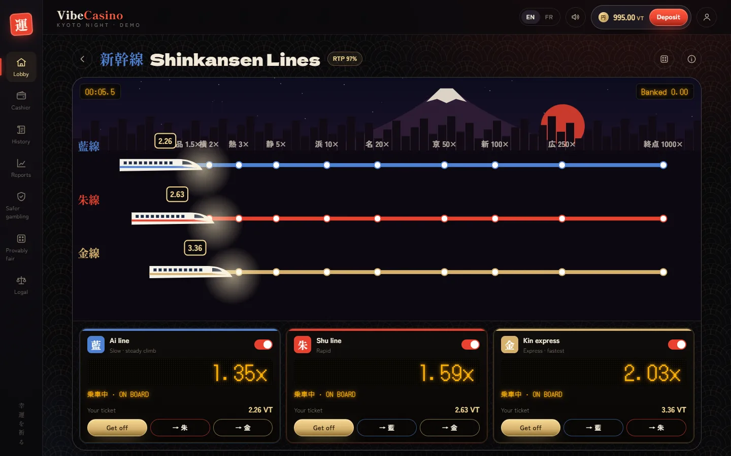 Shinkansen Lines mid-journey: three trains on parallel lines below Mount Fuji, at 1.35×, 1.59× and 2.03×, each ticket with buttons to get off or transfer to another train